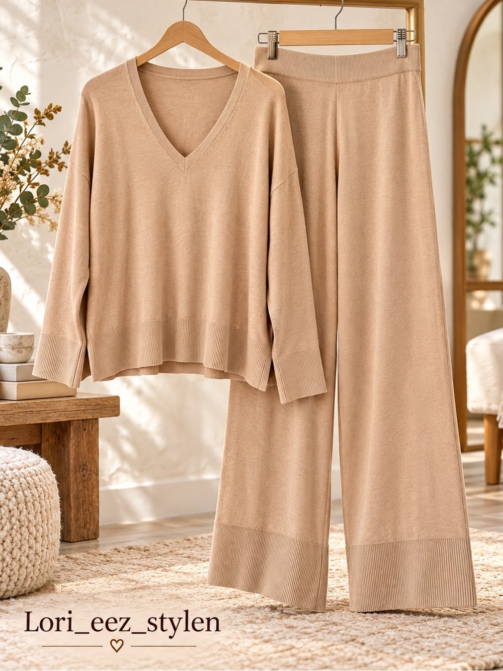 Relaxed V-Neck Knit Joggers Set in Beige